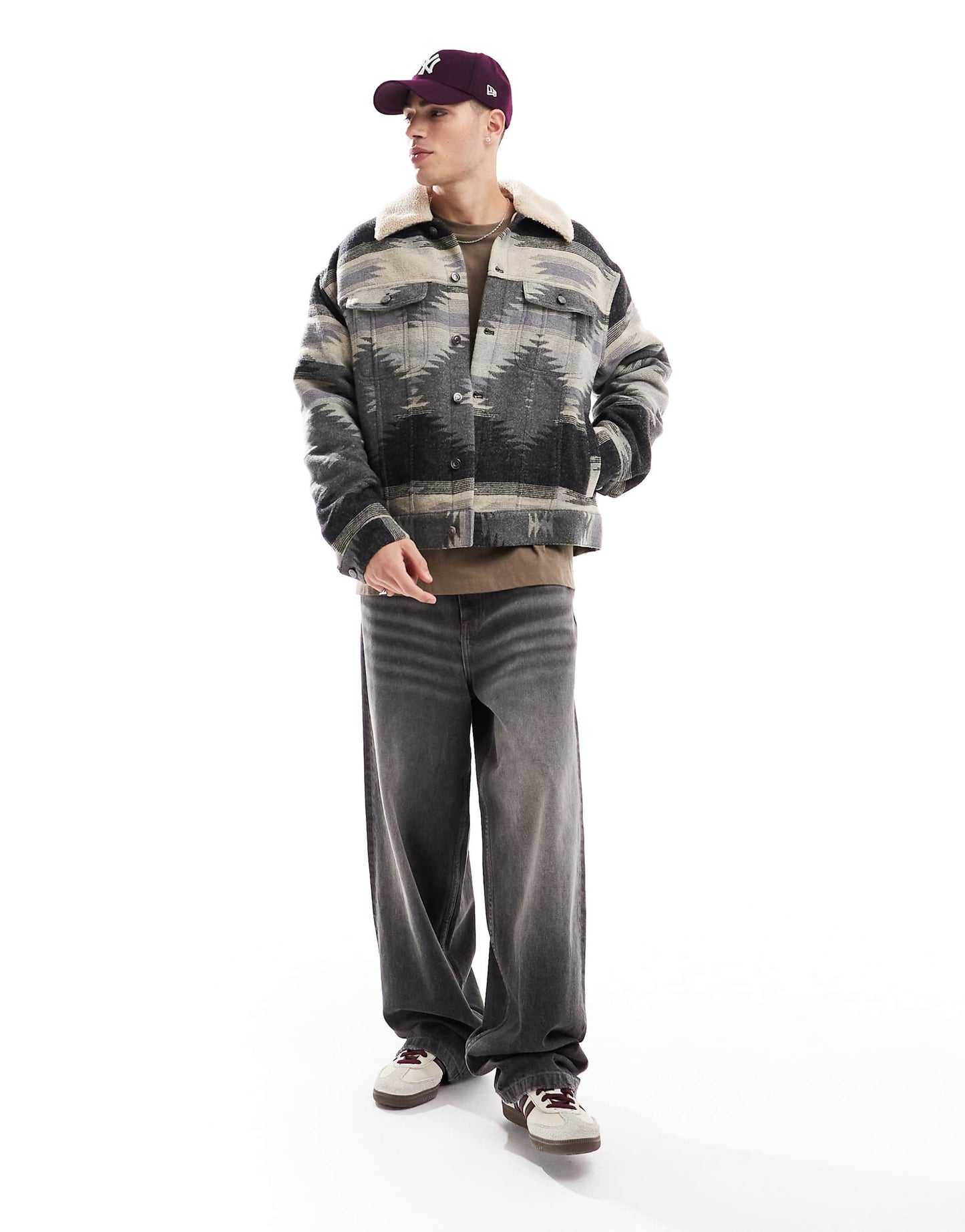 Oversized Aztec Design Wool Look Harrington Jacket