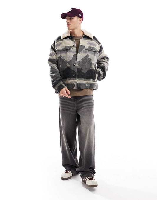 Oversized Aztec Design Wool Look Harrington Jacket