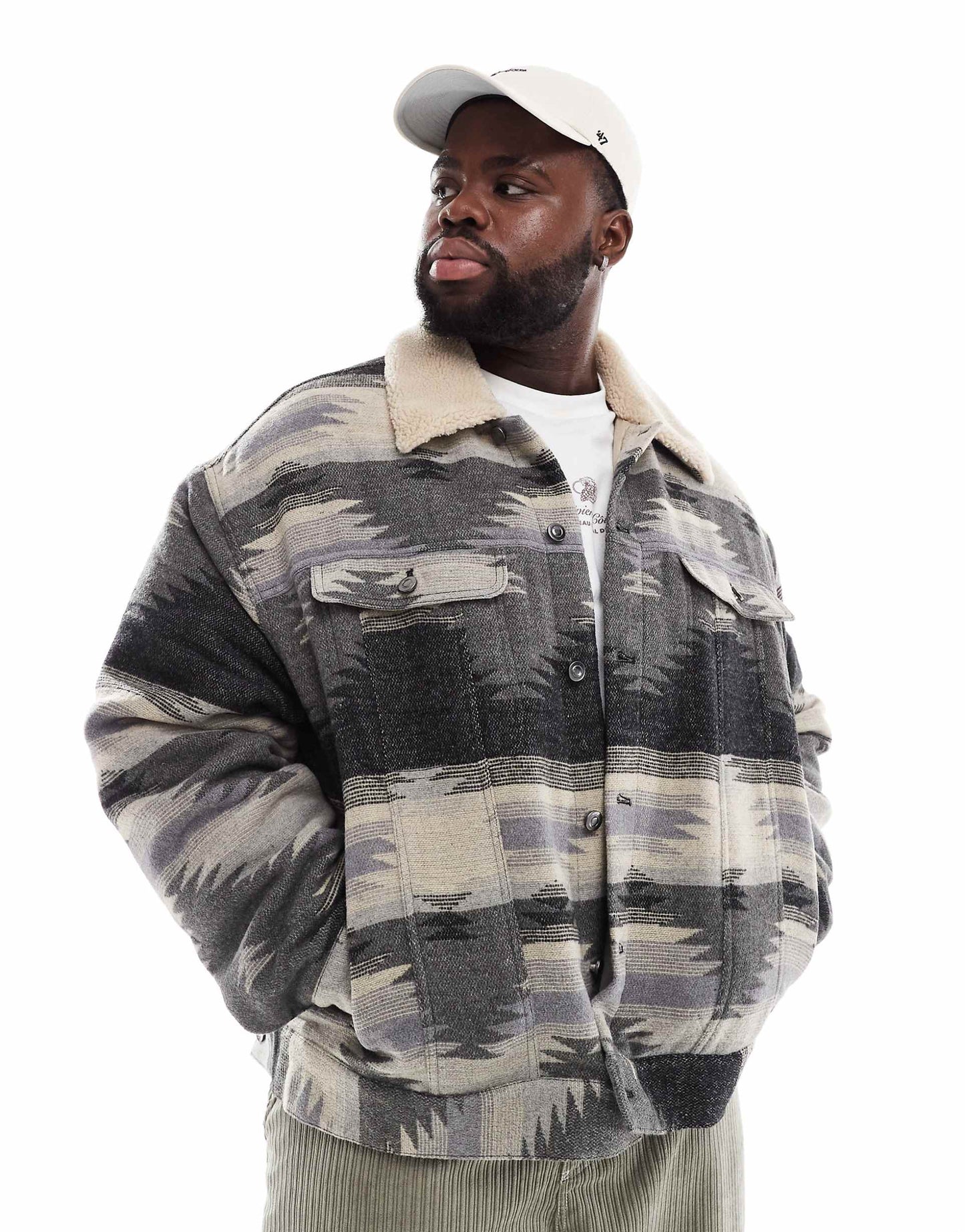 Oversized Aztec Design Wool Look Harrington Jacket
