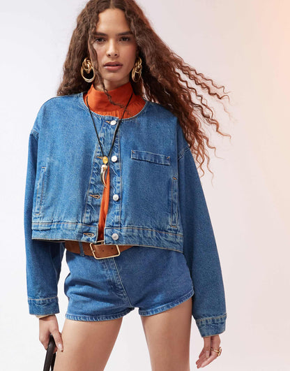 Collarless Denim Jacket