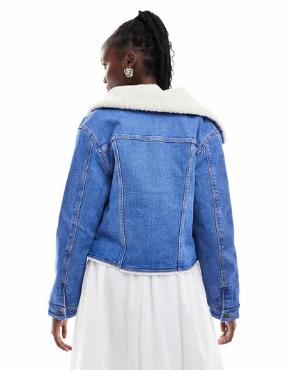 Borg Lined Denim Jacket With Borg Collar