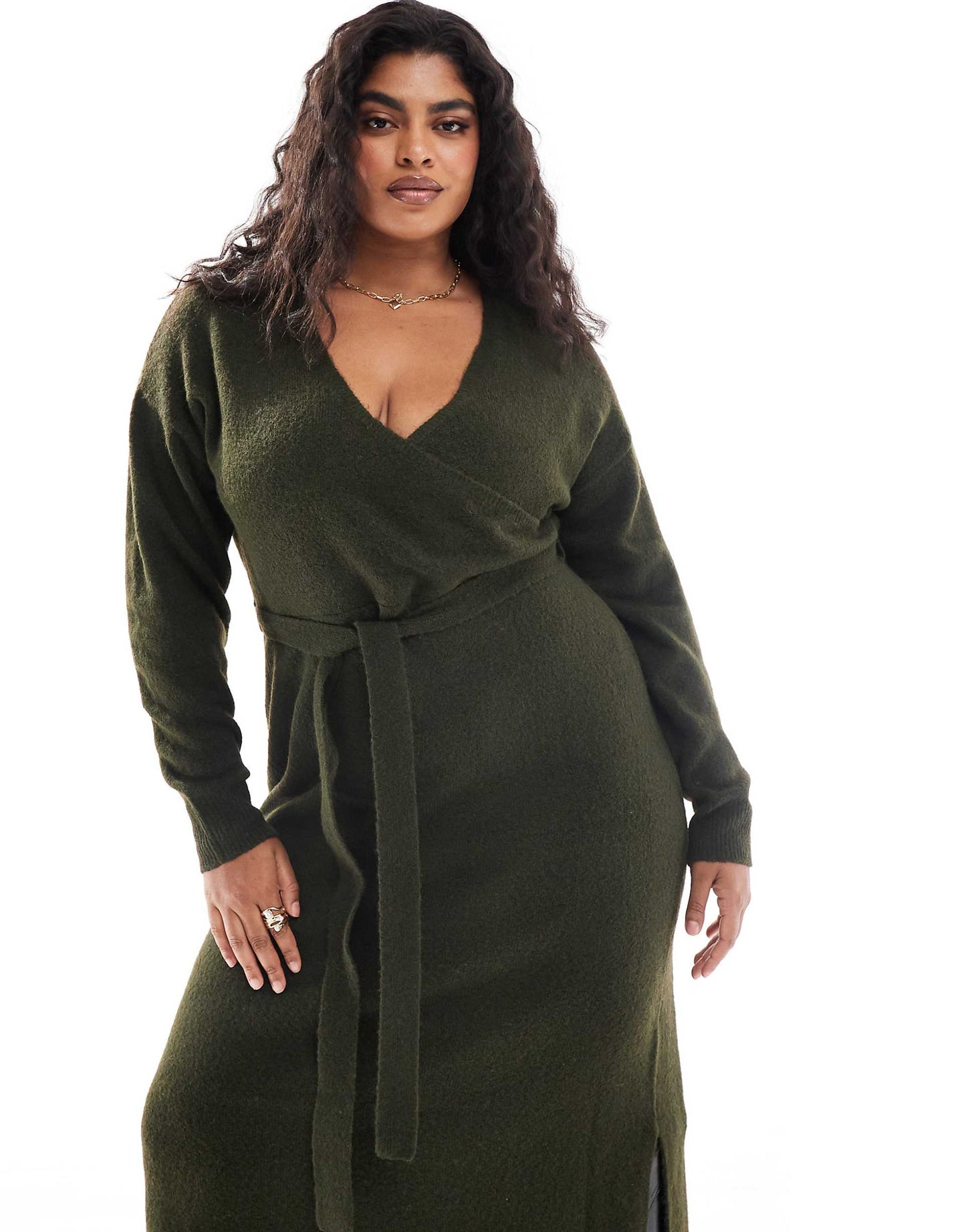 Exclusive V-Neck Wrap Knitted Midi Dress