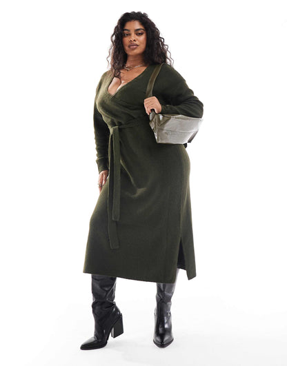 Exclusive V-Neck Wrap Knitted Midi Dress
