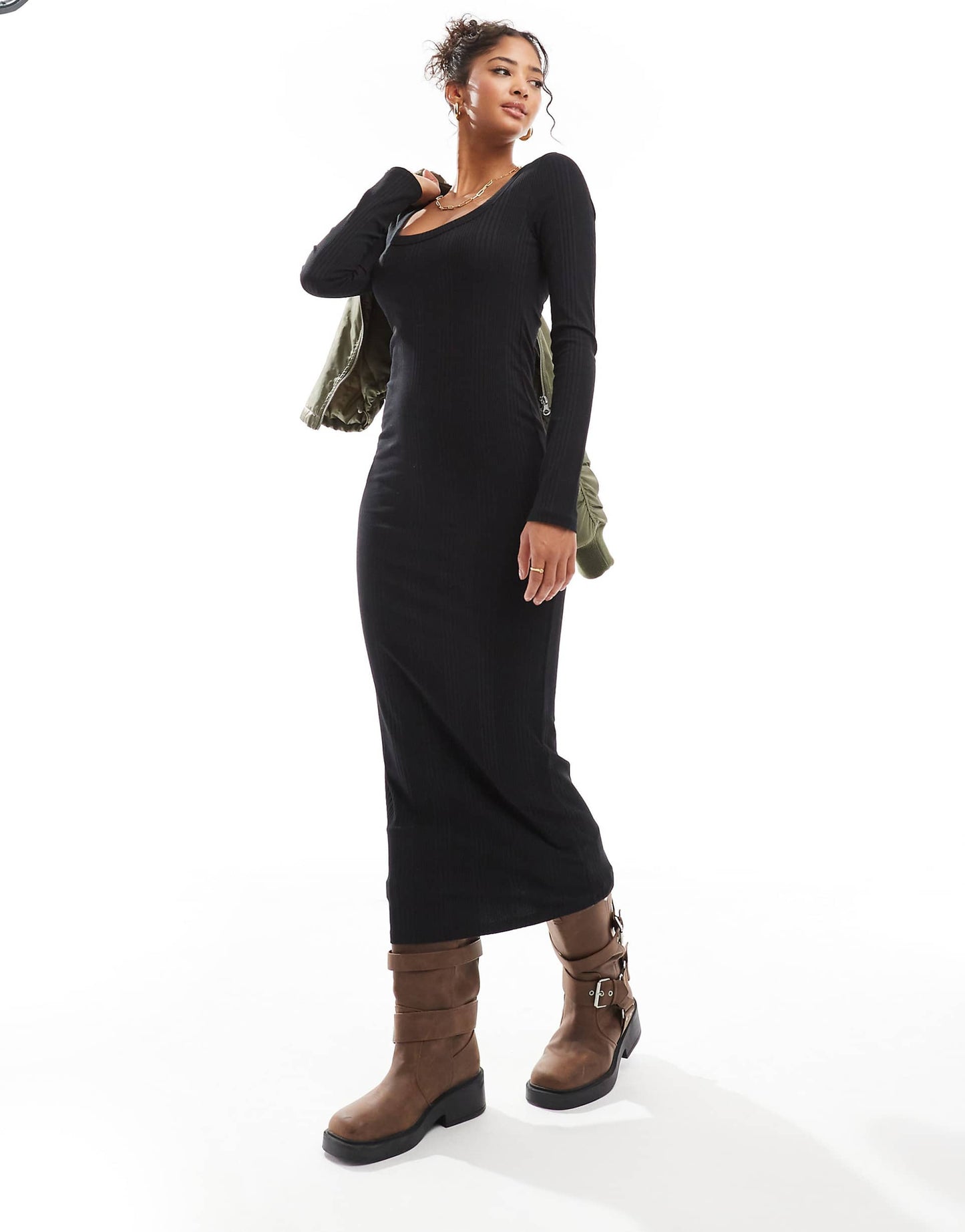 Spaced Ribbed Long Sleeve Scoop Midi Dress