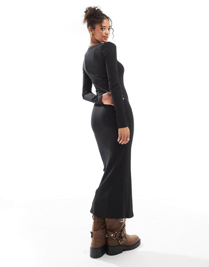 Spaced Ribbed Long Sleeve Scoop Midi Dress