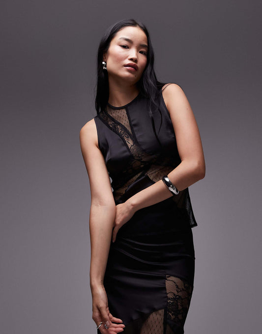 Co-Ord Satin And Lace Mix Sleevless Top Black