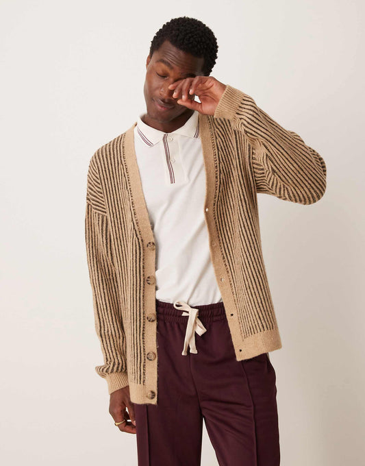 Knitted Relaxed Cardigan With Plated Rib