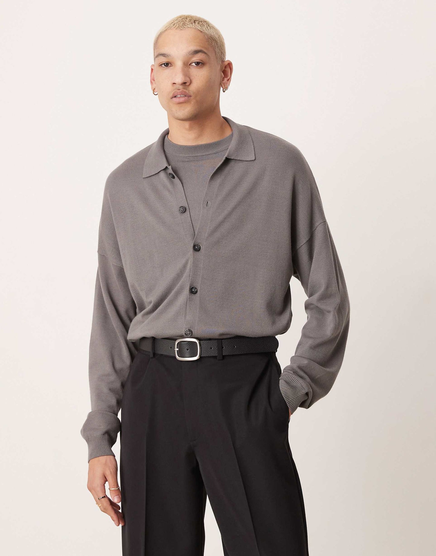 Co-Ord Relaxed Knitted Button Through Long Sleeve Polo