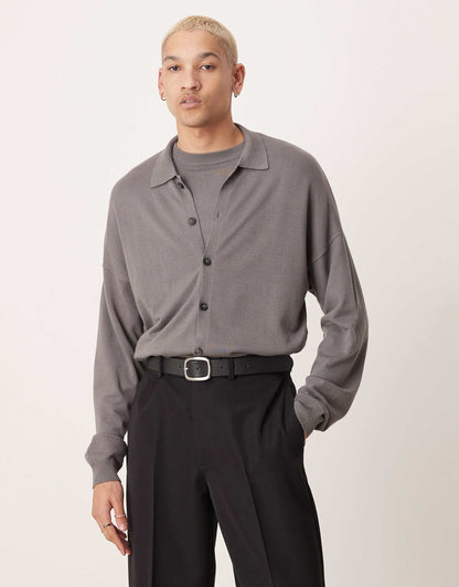 Co-Ord Relaxed Knitted Button Through Long Sleeve Polo