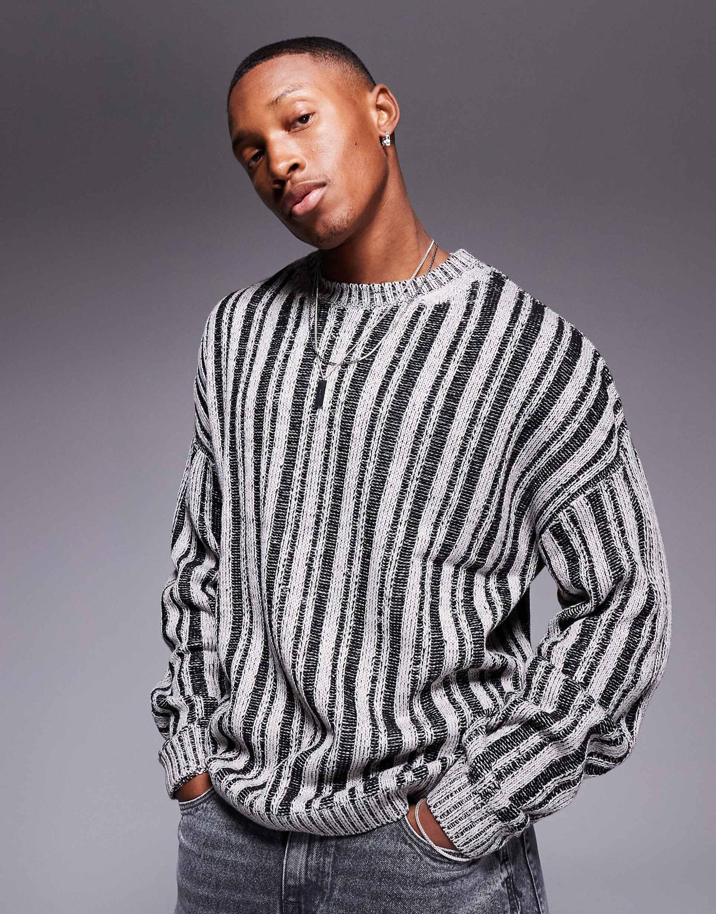 Relaxed Knitted Jumper With Ribbed Stripe