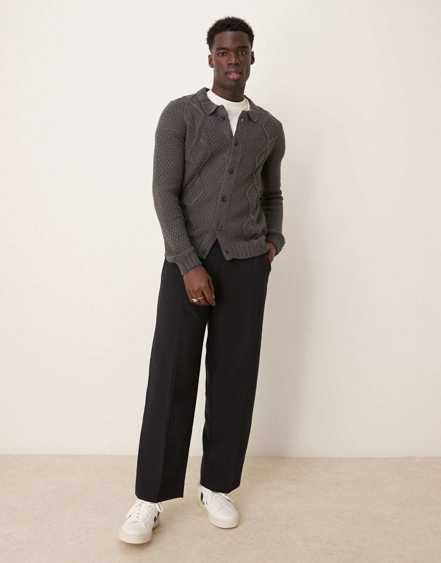 Cable Knitted Cardigan With Collar