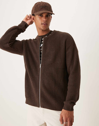 Knitted Relaxed Fisherman Rib Zip Up Bomber