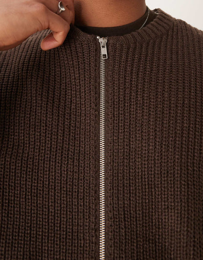 Knitted Relaxed Fisherman Rib Zip Up Bomber