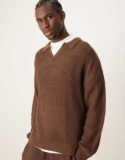 Relaxed Textured Notch Neck Polo Jumper