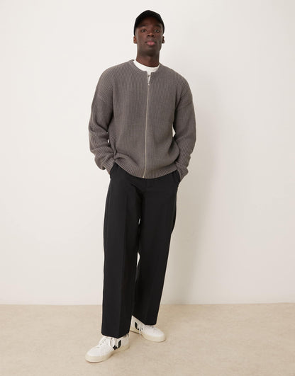 Knitted Relaxed Fisherman Rib Zip Up Bomber