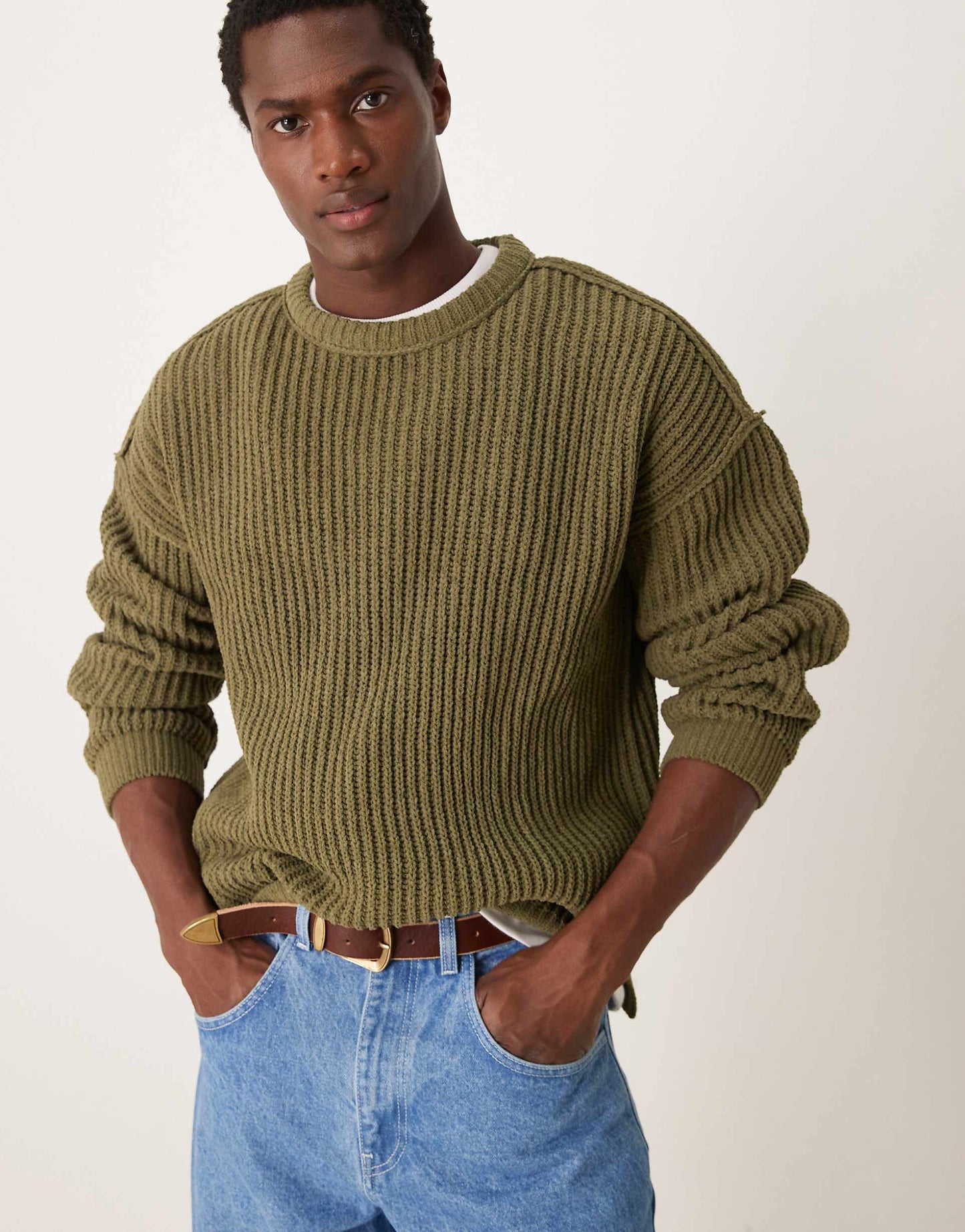 Relaxed Knitted Chenille Crew Neck Rib Jumper