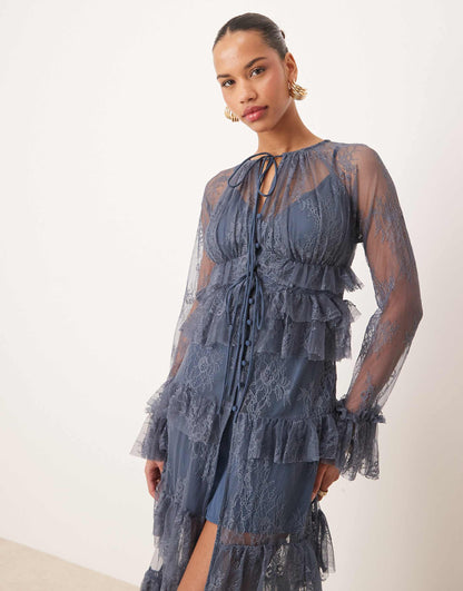 Button Front Lace Frill Shirt Dress