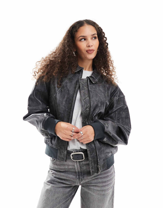Distressed Leather Bomber Jacket