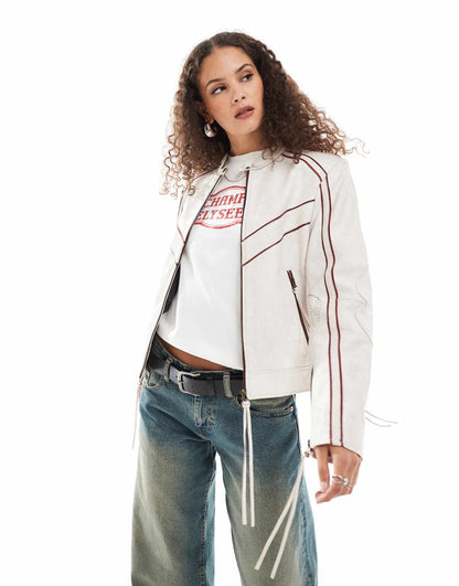 Distressed Leather Tab Collar Motor Jacket