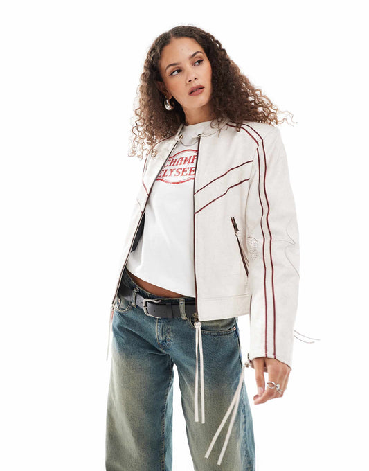Distressed Leather Tab Collar Motor Jacket