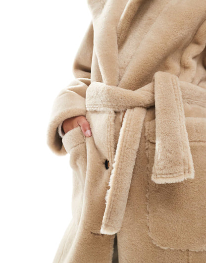 Faux Shearling Belted Maxi Coat