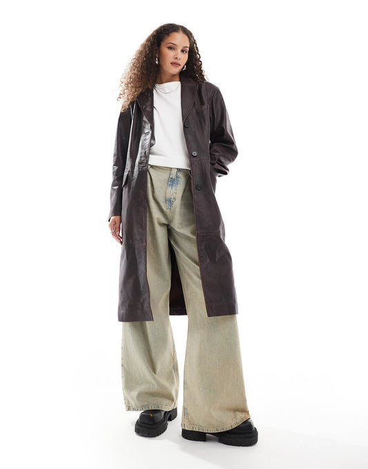 Cracked Effect Leather Overcoat