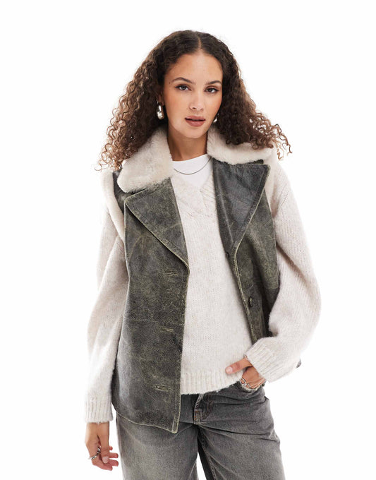 Distressed Leather Biker Gilet