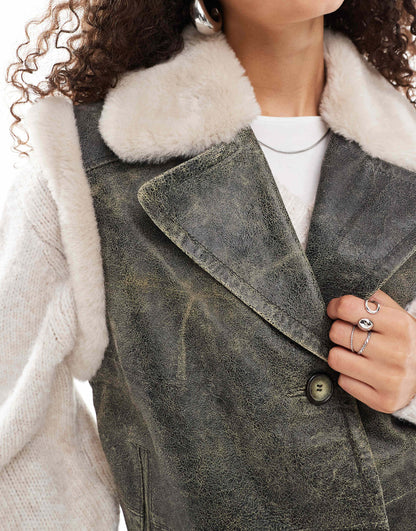 Distressed Leather Biker Gilet