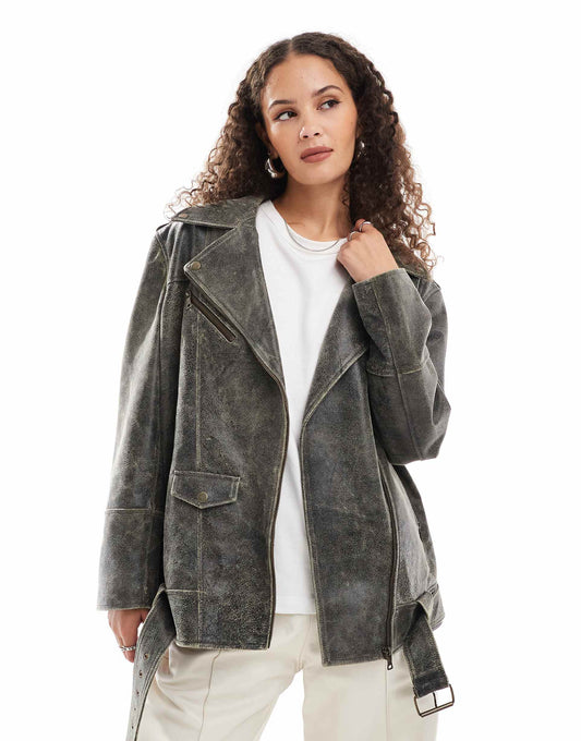 Distressed Longline Biker Jacket