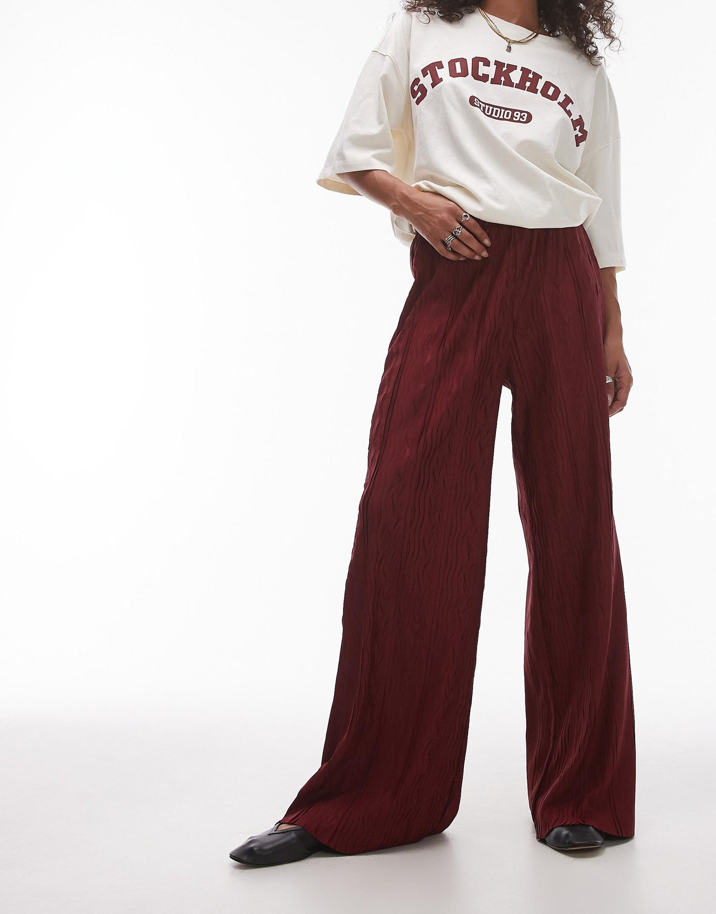 Crinkle Plisse Wide Leg Trouser