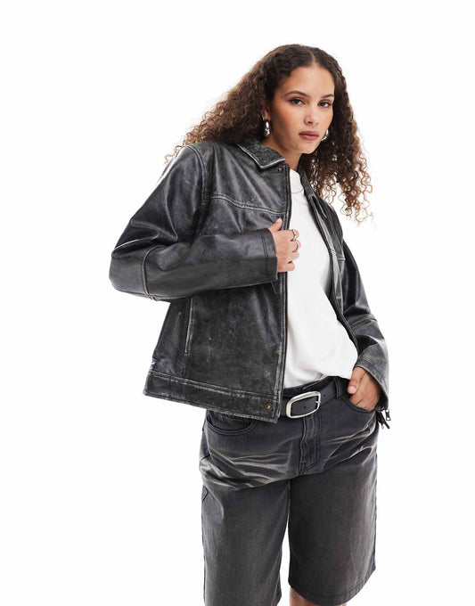 Distressed Leather Dads Harrington Jacket