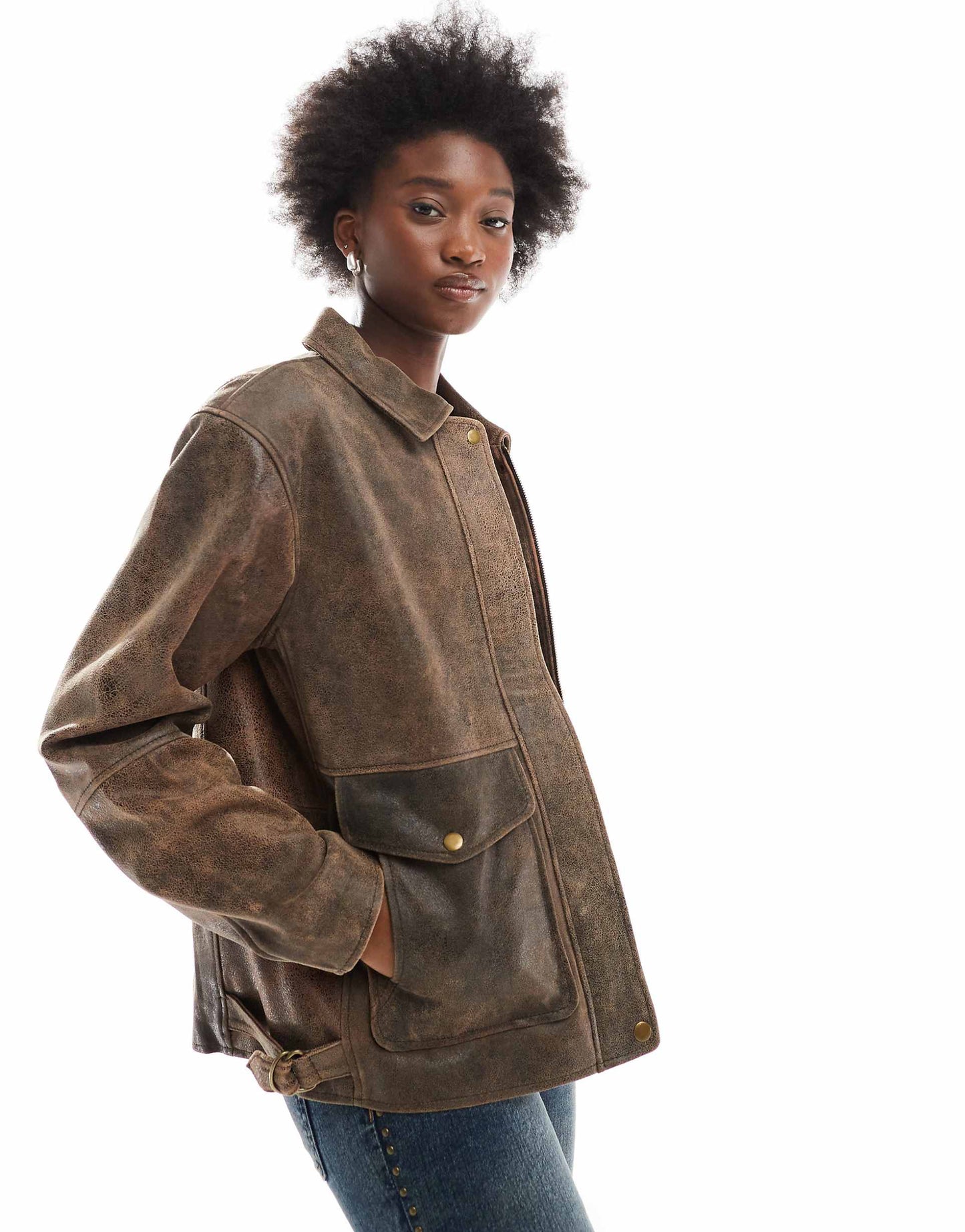 Oversized Vintage Leather Harrington Jacket
