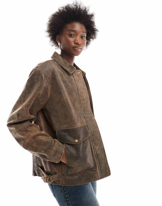 Oversized Vintage Leather Harrington Jacket