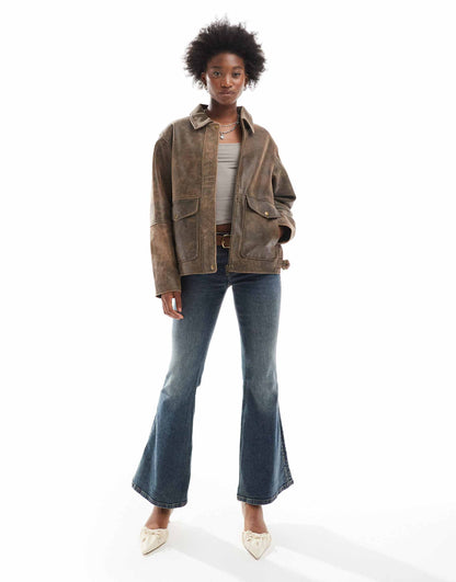Oversized Vintage Leather Harrington Jacket