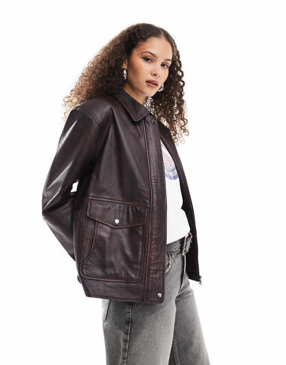 Cracked Leather Patch Pocket Harrington Jacket