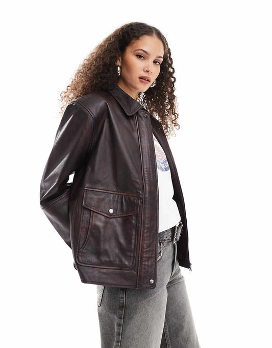 Cracked Leather Patch Pocket Harrington Jacket