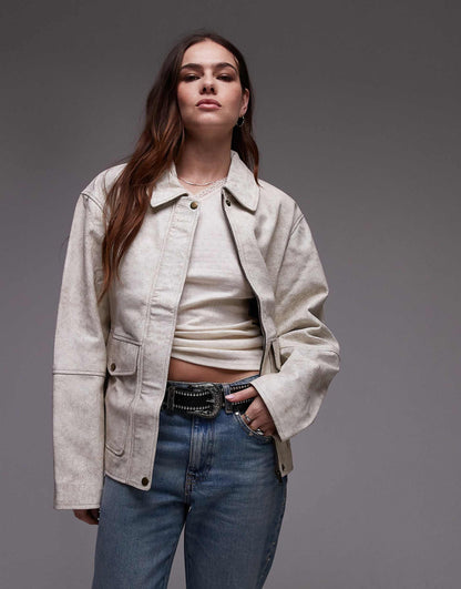 Cracked Leather Patch Pocket Harrington Jacket