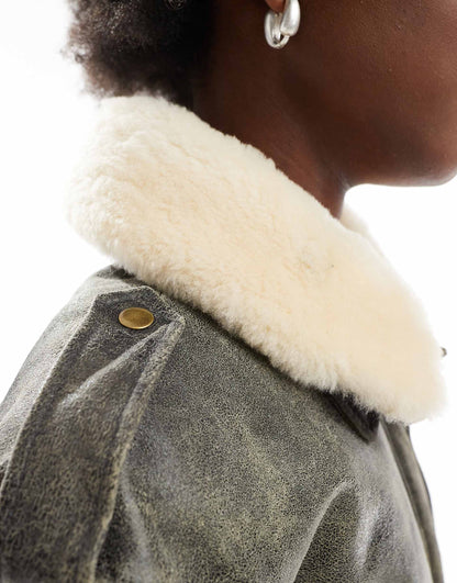 Shearling Collar Leather Aviator Jacket