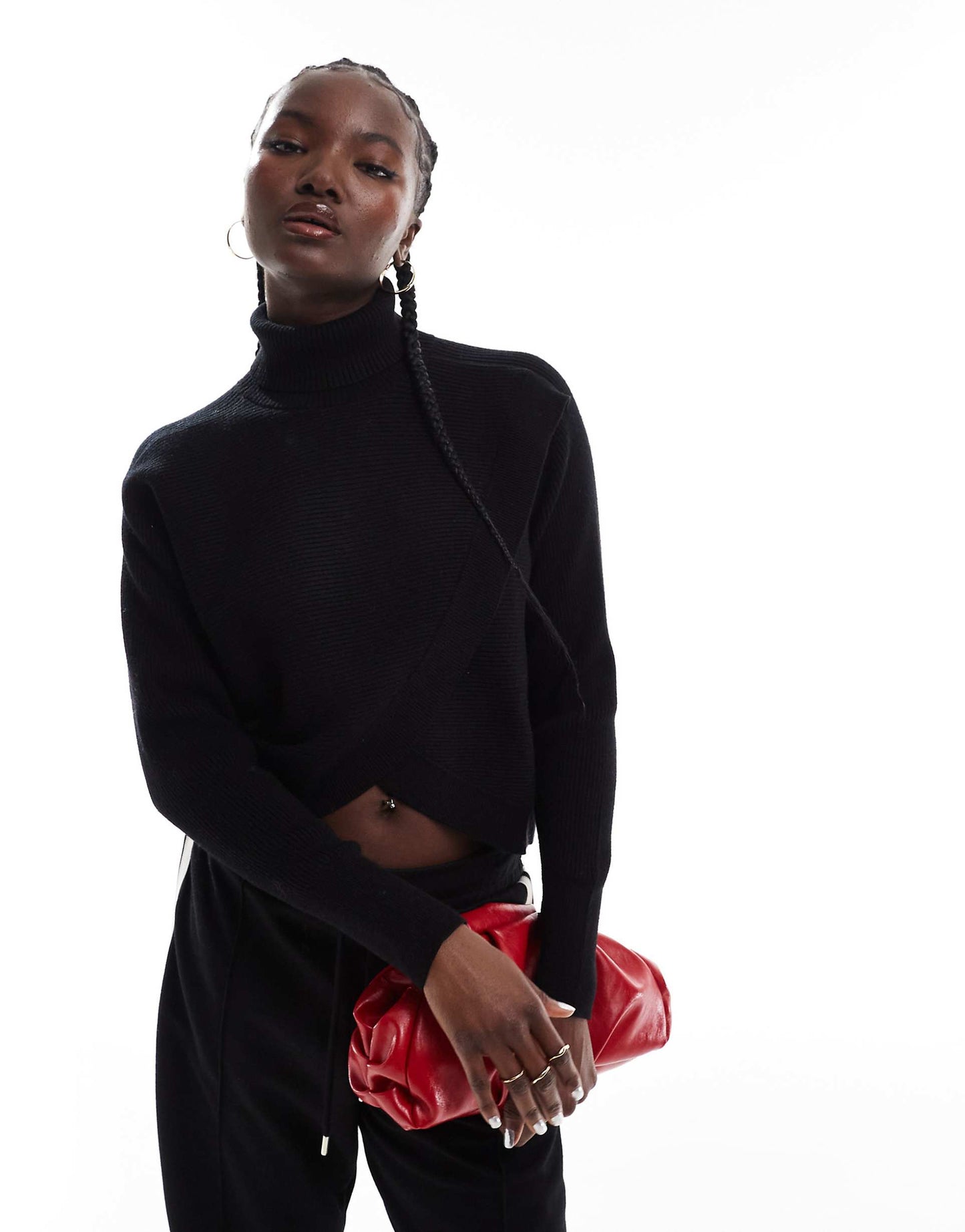 Ribbed Knit Roll Neck Wrap Front Detail Jumper