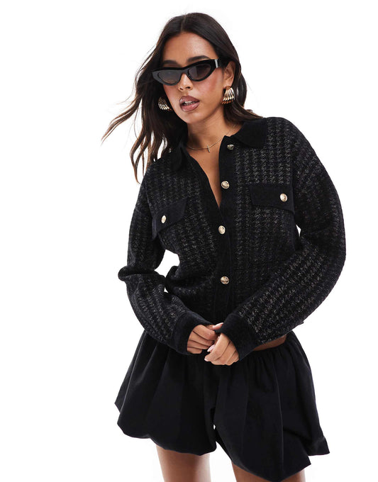 Knit Gold Button Through Pocket Detail Cardigan Black Dogtooth