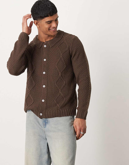 Cable Knitted Cardigan With Collar