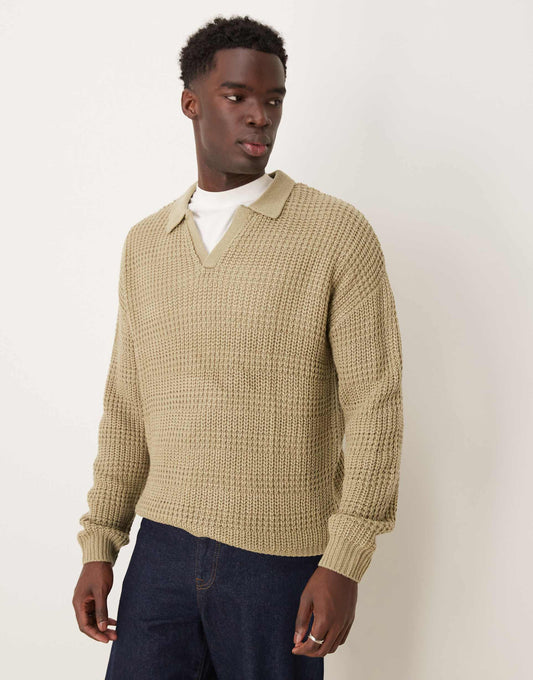Relaxed Textured Notch Neck Polo Jumper