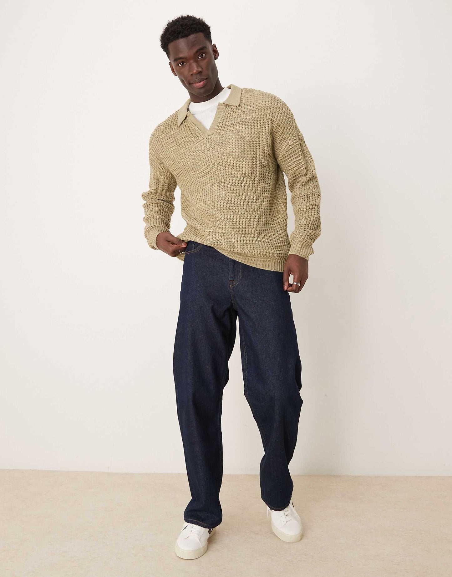 Relaxed Textured Notch Neck Polo Jumper