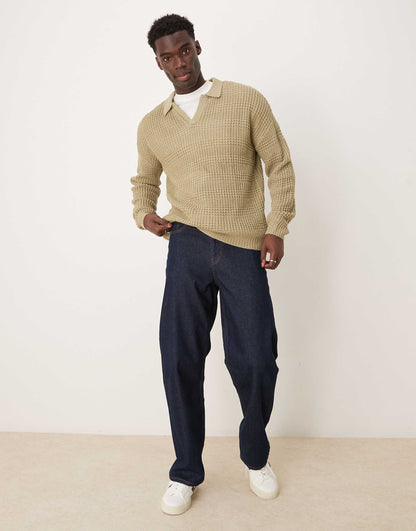 Relaxed Textured Notch Neck Polo Jumper