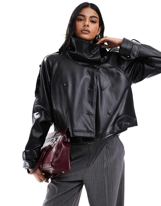 Funnel Neck Leather Look Short Trench Coat
