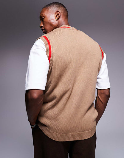 Knitted Sleeveless Cardigan With Chest Embroidery