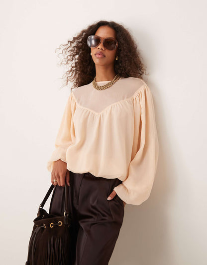 Bubble Hem Top With Sheer Yoke Detail