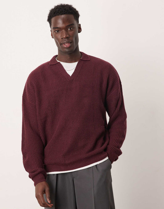 Oversized Ribbed Knitted Jumper With Notch Neck