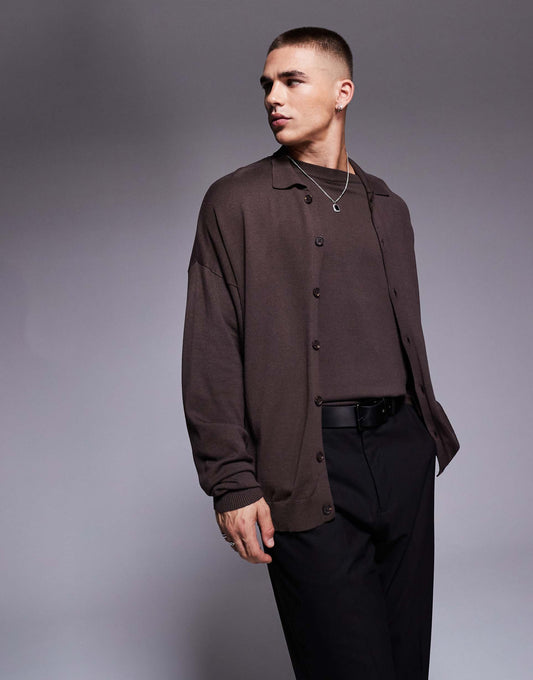 Co-Ord Relaxed Knitted Button Through Long Sleeve Polo