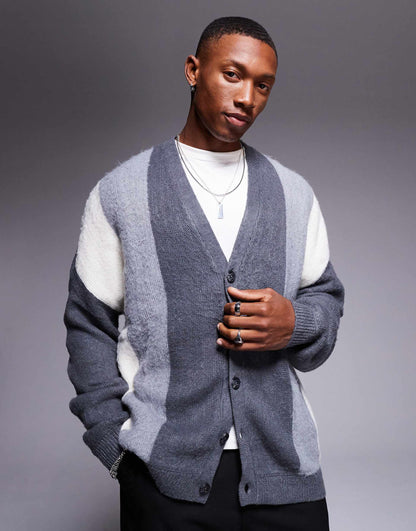 Oversized Boxy Fit Knitted Cardigan With Colourblock